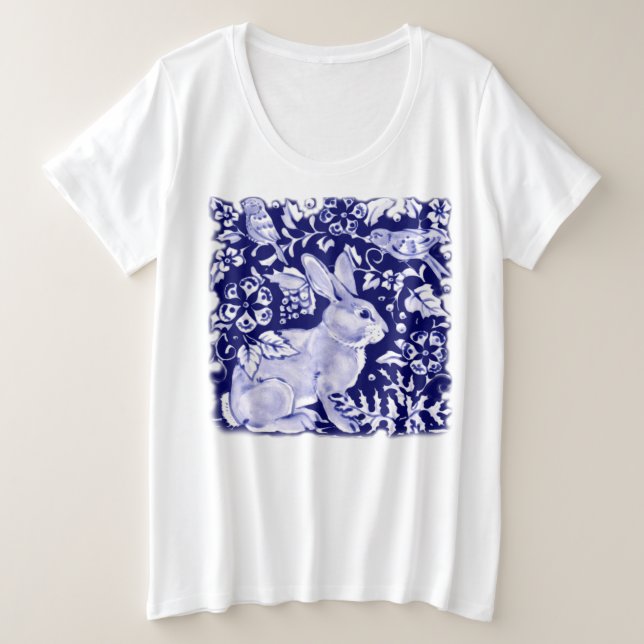 Camiseta Plus Size Coelho Azul Escuro-Cinto Pássaro Florestal Único (Frente do Design)