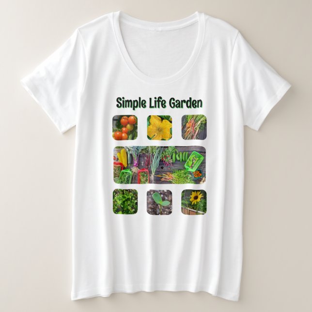 Camiseta Plus Size Colagem de Fotos de Jardim Comunitário (Frente do Design)