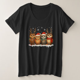 Camiseta Plus Size Corujas de Natal Fofas com Chapéus de Papai Noel e