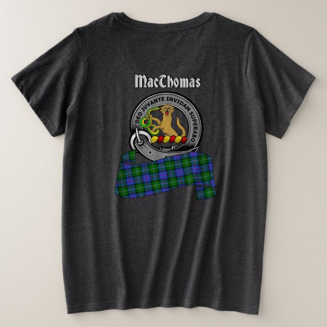 Camiseta Plus Size Crachá MacThomas Clan de costas para mulheres (Verso do Design)