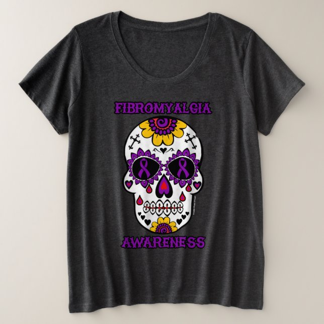 Camiseta Plus Size Crânio de Açúcar/Sensibilização...Fibro (Frente do Design)