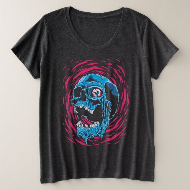 Camiseta Plus Size Crânio Derretendo: Horror Psicodélico (Frente do Design)