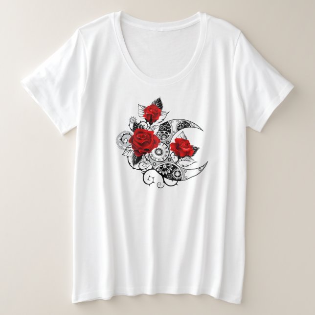 Camiseta Plus Size Crescente Mecânico com Rosas vermelhas (Frente do Design)