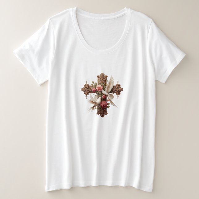 Camiseta Plus Size Cross with Doves – Christian Faith Inspirational D (Frente do Design)