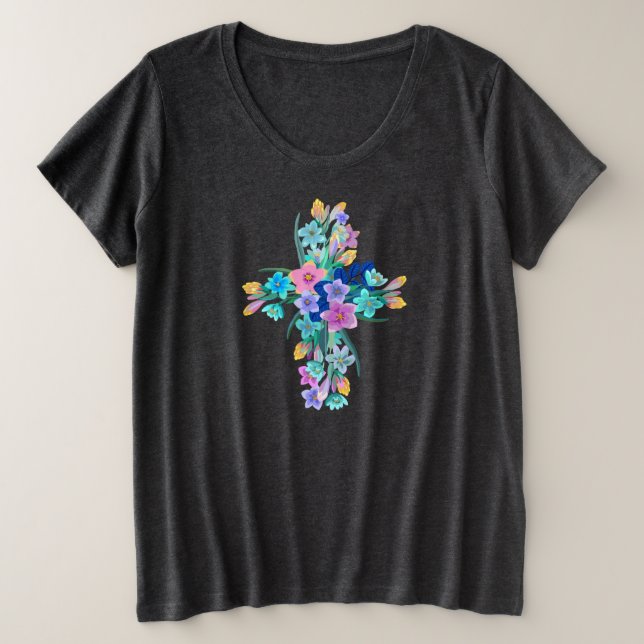 Camiseta Plus Size Cruz Floral (Frente do Design)