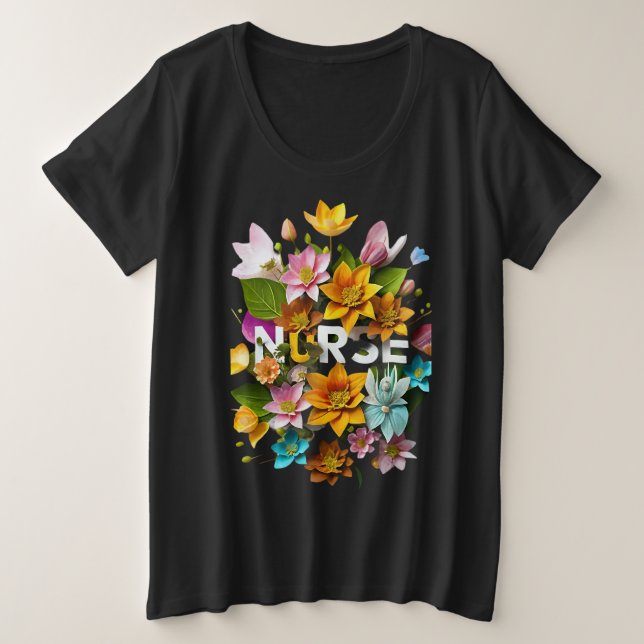Camiseta Plus Size Cuidados Sangrentos - Homenagem Floral às Enfermei (Frente do Design)