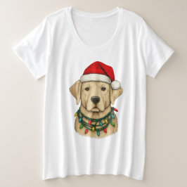 Camiseta Plus Size Cute Labrador de Natal com Chapéu de Papai Noel e 