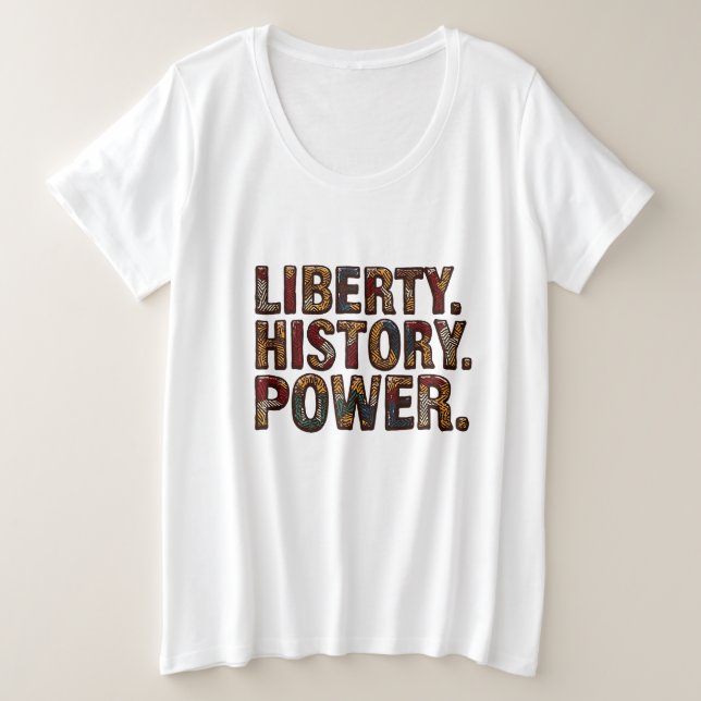 Camiseta Plus Size Décima Sétima Padrão tecido Africano "Liberdade. H (Frente do Design)