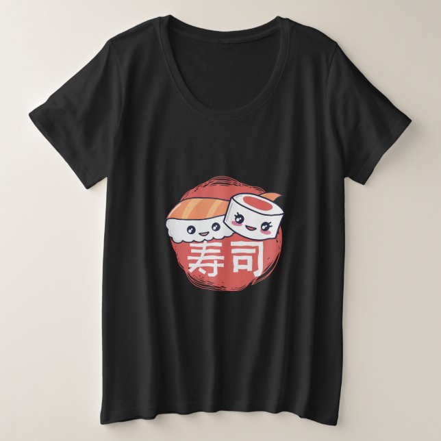 Camiseta Plus Size Design de Cartoon de Sushi Engraçado (Frente do Design)