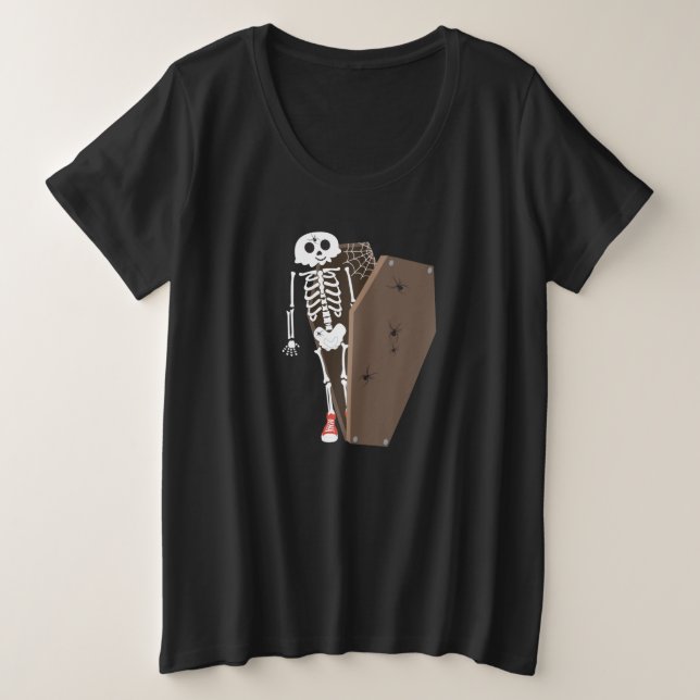 Camiseta Plus Size Design de Halloween de Skeleton e Coffin (Frente do Design)