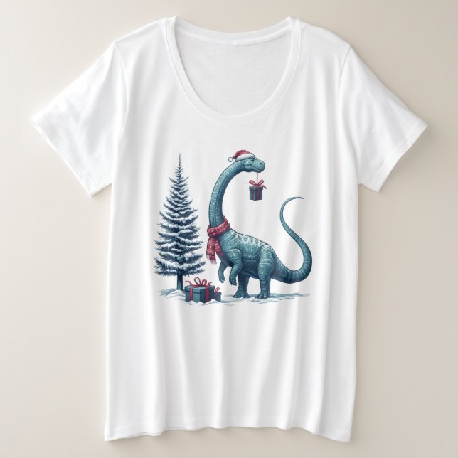 Camiseta Plus Size dinossauro Brontosauro de Natal (Frente do Design)