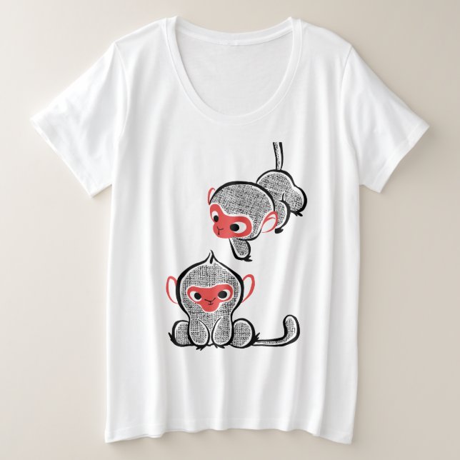 Camiseta Plus Size Duo de Macacos Asiáticos: Sentados e Escalando (Frente do Design)