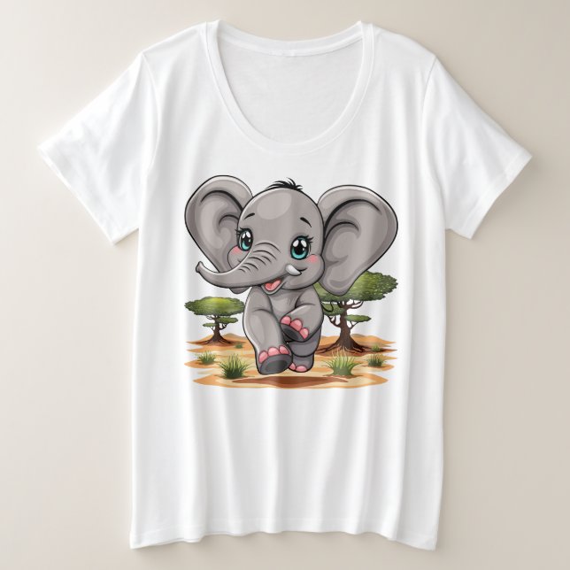 Camiseta Plus Size Elefante Bebê Pulando Feliz em Savana Africana (Frente do Design)