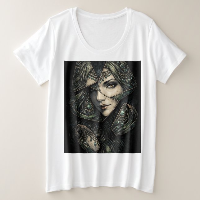 Camiseta Plus Size Emerald Goddess Stained Glass Portrait Art (Frente do Design)