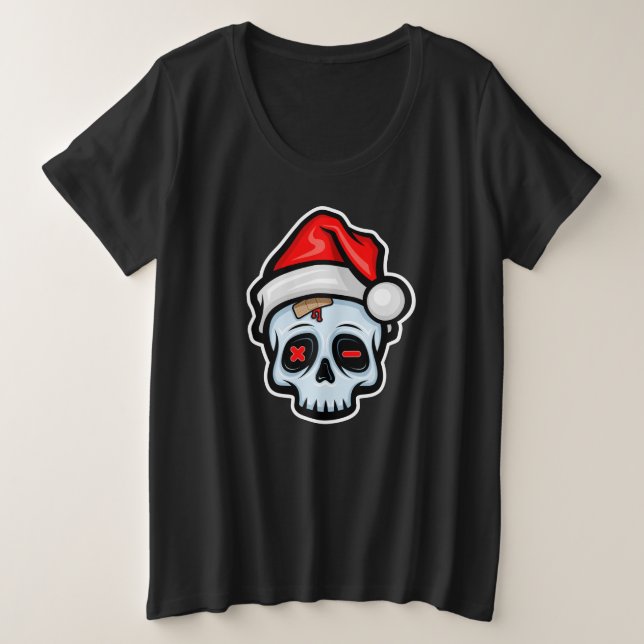 Camiseta Plus Size Engraçado Caveira de Natal, Estilo de Cartoon (Frente do Design)