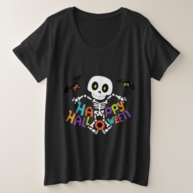Camiseta Plus Size Esqueleto Feliz de Halloween (Frente do Design)
