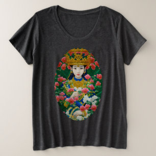 Camiseta Plus Size Estilo Vintage Abstrato asiática Garota com Flores