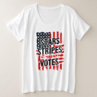 Camiseta Plus Size Estrelas, Stripes e Votos com bandeira americana