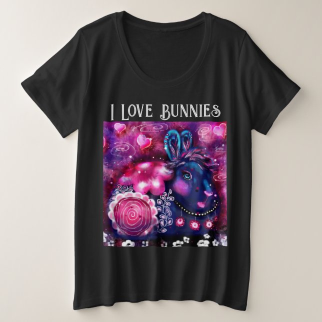 Camiseta Plus Size Eu Adoro Bunnies Whimsical Bunny Pintura Rosa (Frente do Design)