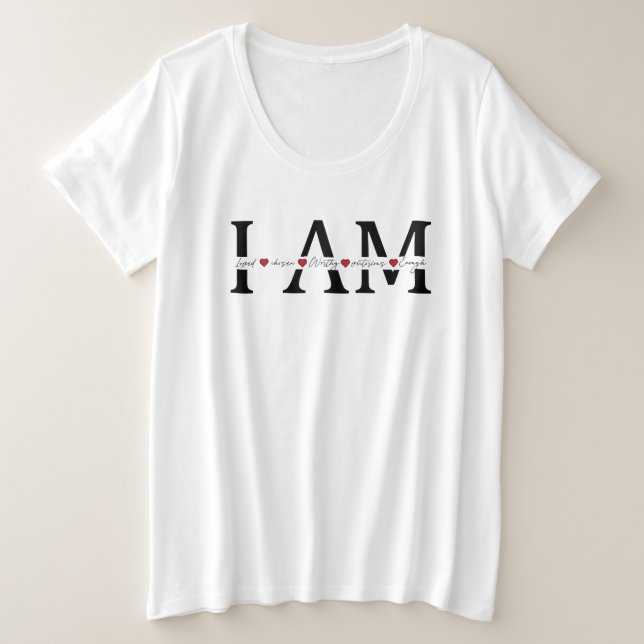 Camiseta Plus Size Eu sou amado, escolhido, digno, vitorioso, o sufic (Frente do Design)
