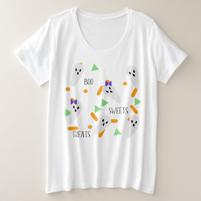 Camiseta Plus Size Fantasia de Confeitos de Fantasma Geométrico Fofo  (Frente do Design)