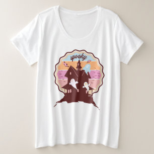 Camiseta Plus Size Fantasia de Halloween retrô Casa Assombrada Fantas
