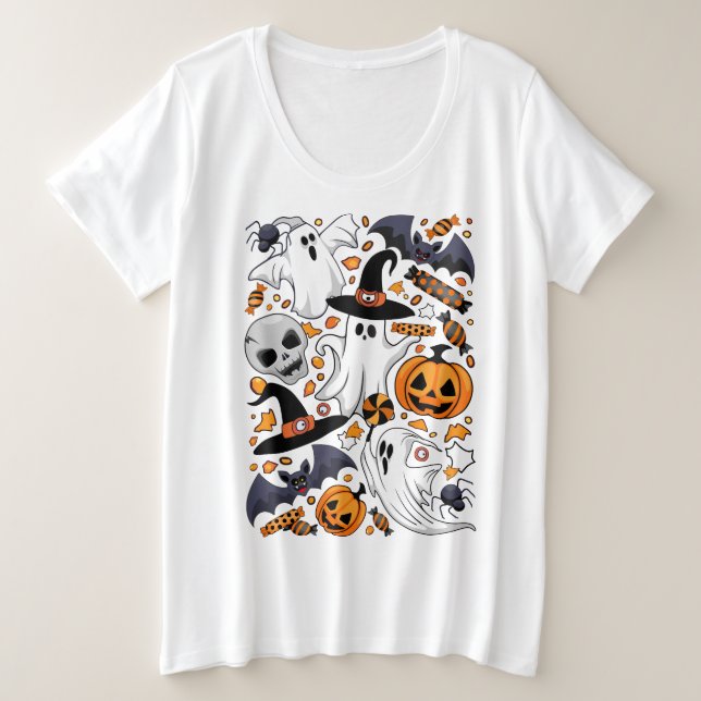 Camiseta Plus Size Fantasmas Spooky e Monstros Cute Assustadores (Frente do Design)