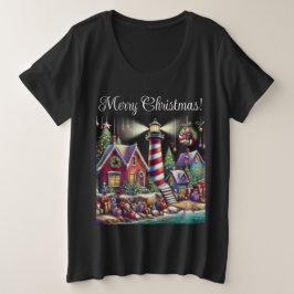 Camiseta Plus Size Farol de Natal Whimsical Vermelho Rosa Púrpura