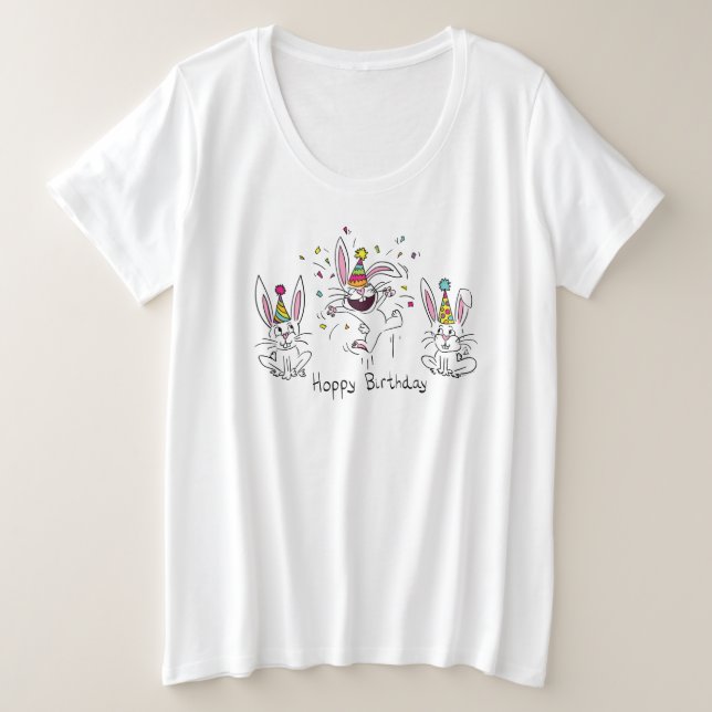 Camiseta Plus Size Feliz Aniversário Bonito Coelhos Coelhos Coelhos (Frente do Design)