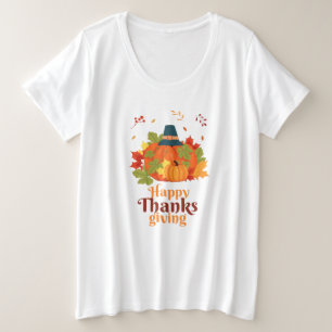 Camiseta Plus Size Feliz Dia de Ação de Graças Pumpkin com Chapéus e