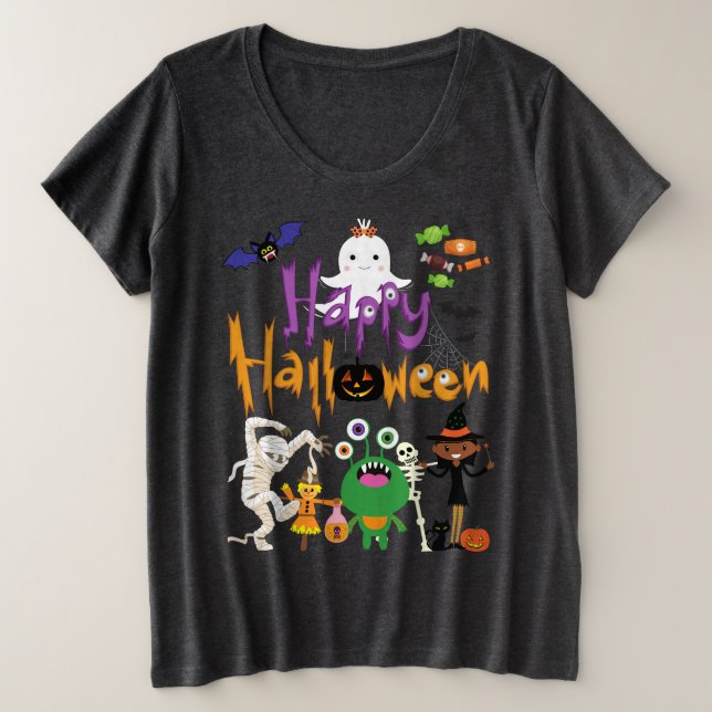 Camiseta Plus Size Feliz Halloween, Bonito e Louco (Frente do Design)