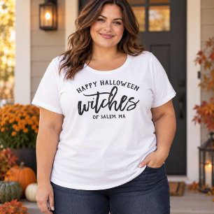 Camiseta Plus Size Feliz Halloween Bruxas Personalizado Cidade Preta