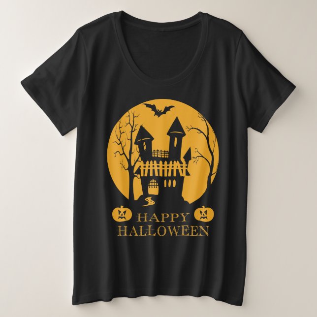 Camiseta Plus Size Feliz Halloween, Casa Assombrada (Frente do Design)