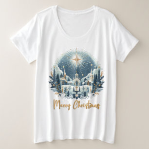 Camiseta Plus Size Feliz Natal azul e dourado