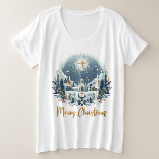 Camiseta Plus Size Feliz Natal azul e dourado  (Frente do Design)