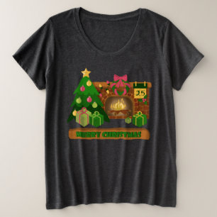 Camiseta Plus Size Feliz Natal perto da árvore de Natal de lareira bo