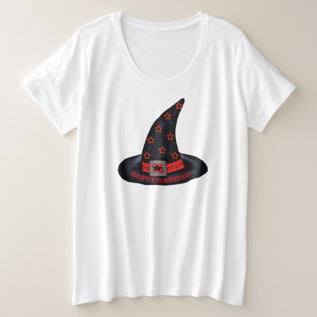 Camiseta Plus Size Feliz Samhain Black Witch Hat Orange Stars Sash (Frente do Design)