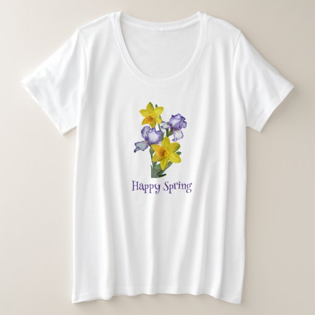 Camiseta Plus Size Felizes Íris e Narcisos da Primavera  (Frente do Design)