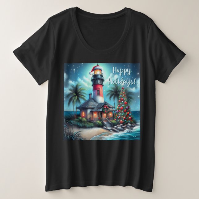 Camiseta Plus Size Feriados Náuticos do Farol de Natal Tropical (Frente do Design)