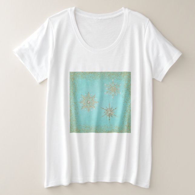 Camiseta Plus Size Flocos de neve de Natal Aqua e Dourado (Frente do Design)