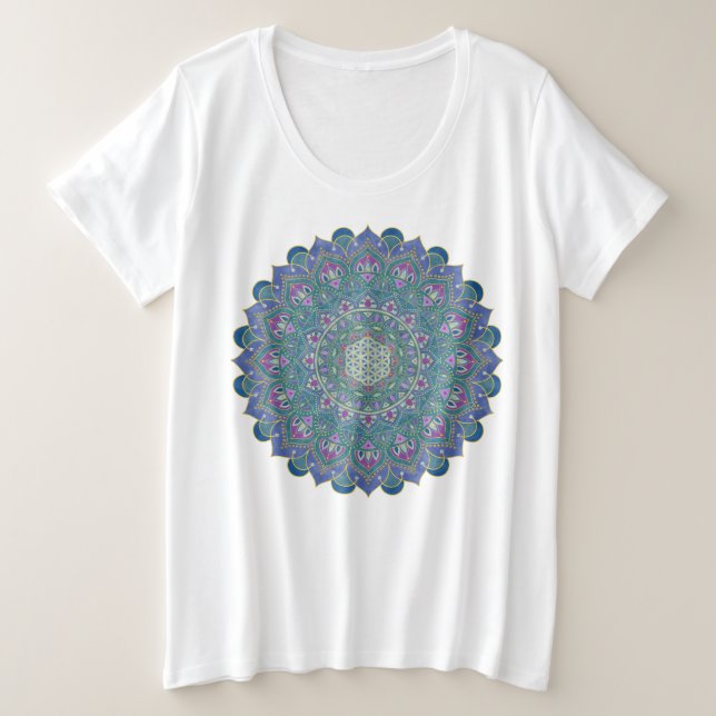 Camiseta Plus Size Flor Da Vida - Estilo De Mandala Índia 1 (Frente do Design)