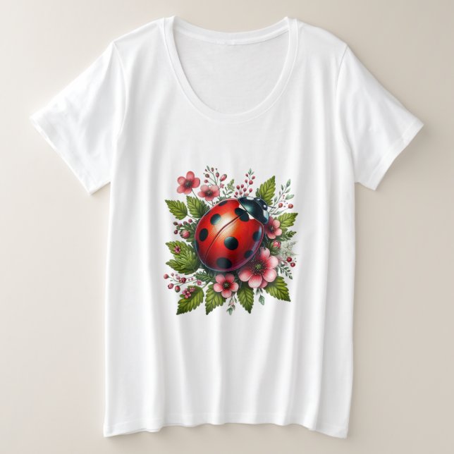 Camiseta Plus Size Floral/primavera ladybug trabalho de arte (Frente do Design)