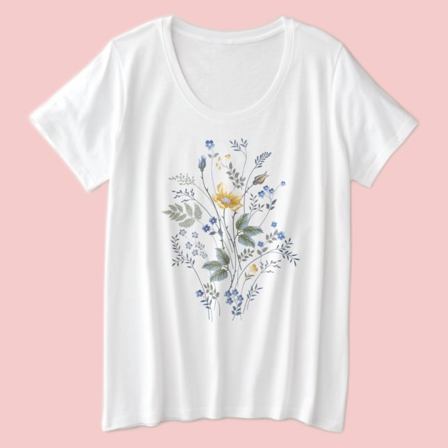Camiseta Plus Size Flores Amarelas e Azuis (Criador carregado)