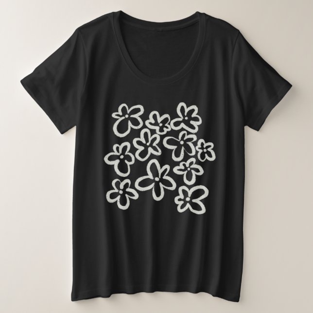 Camiseta Plus Size Flores brancas em preto (Frente do Design)