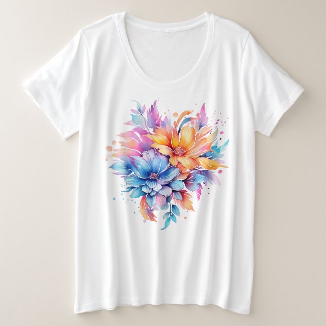 Camiseta Plus Size Flores De Aquarela Design- 24683 (Frente do Design)
