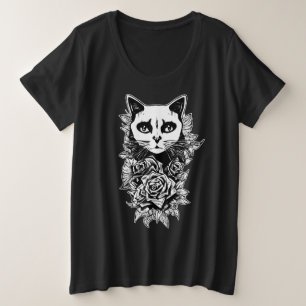 Camiseta Plus Size Flores E Gatos Góticos
