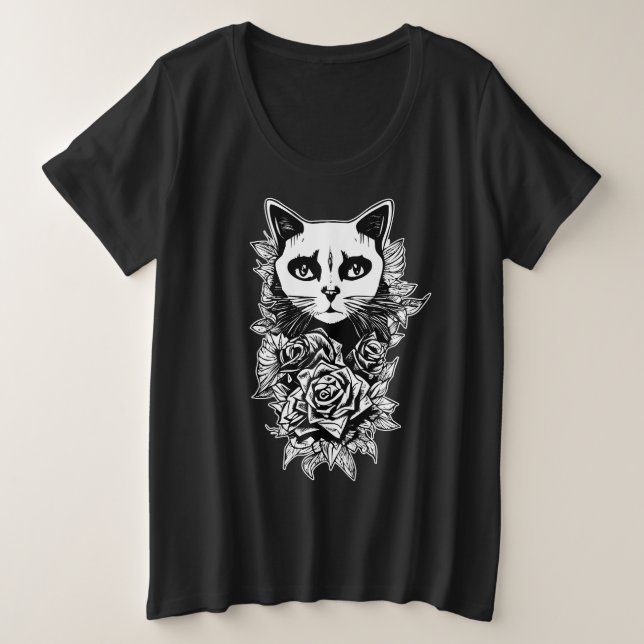 Camiseta Plus Size Flores E Gatos Góticos (Frente do Design)
