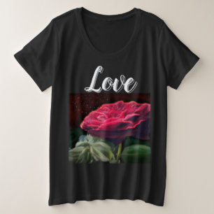 Camiseta Plus Size Flores rosas vermelhas de Arte Preta Verde Flor Fl
