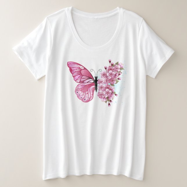 Camiseta Plus Size Flower Butterfly with Pink Sakura (Frente do Design)