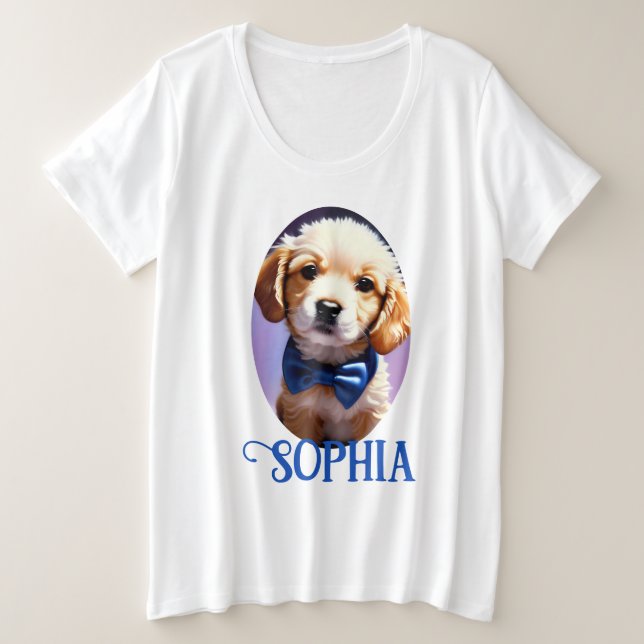 Camiseta Plus Size Fluffy Puppy Adorável w Arco azul (Frente do Design)